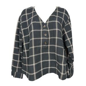 Madewell Lightspun Evert Windowpane Cotton Gauze Henley Top Womens M Plaid